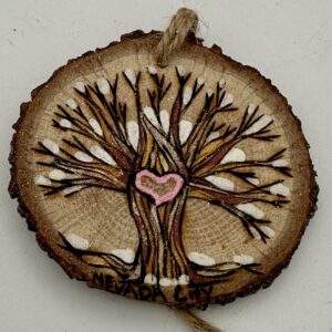 Wood Burned Hand Painted Ornament Oak Tree with Heart