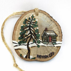 house and pine tree wood burned ornament