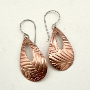 copper leaf pattern teardrop earrings with Argentium sterling earwires