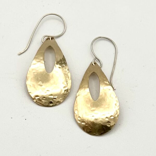 Handcrafted brass teardrop earrings with a hammered finish and Argentium sterling ear wires