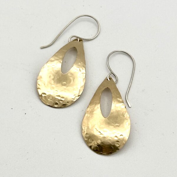 Handcrafted brass teardrop earrings with a hammered finish and Argentium sterling ear wires