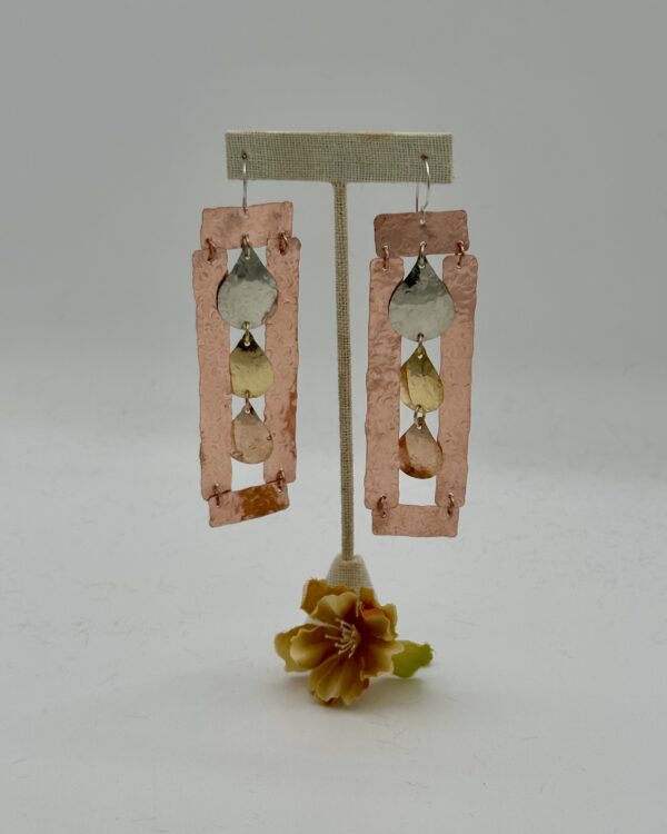 These Copper Frame Earrings with Tri Metal Drops