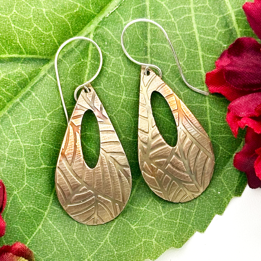 Handcrafted bronze leaf teardrop earrings with Argentium sterling ear wires