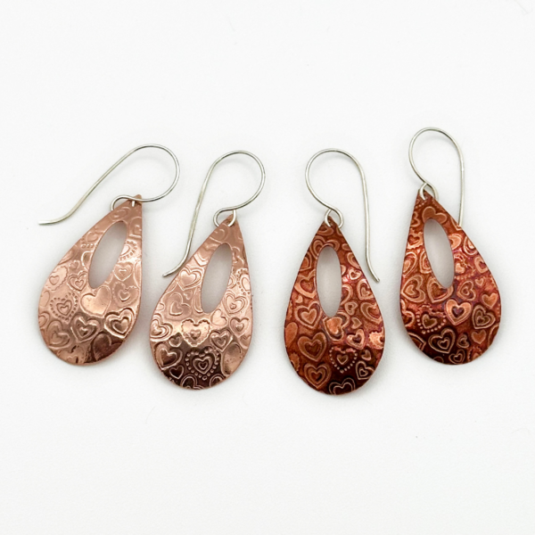 handcrafted Copper teardrop Earrings with Hearts and Argentium Sterling Ear Wires