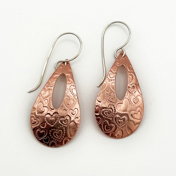 handcrafted Copper teardrop Earrings with Hearts and Argentium Sterling Ear Wires