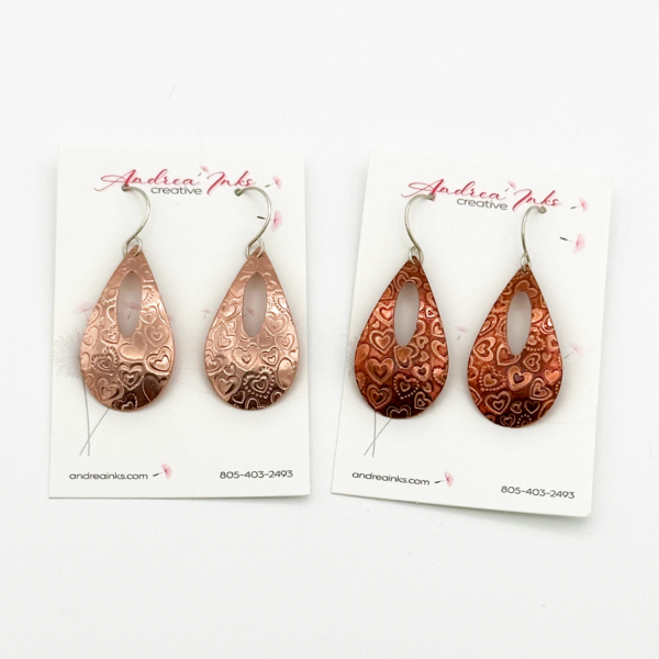 handcrafted Copper teardrop Earrings with Hearts and Argentium Sterling Ear Wires
