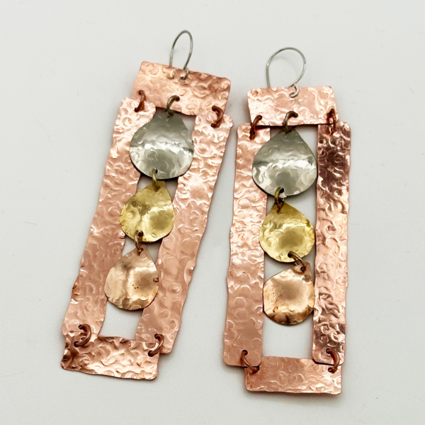 These Copper Frame Earrings with Tri Metal Drops