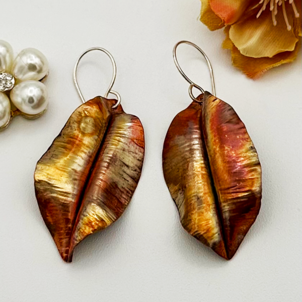 Flame Patina Copper Leaf Earrings